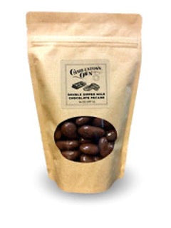 A 14oz resealable bag of Charleston's Own Double Dipped Milk Chocolate Pecans. Locally made in Charleston