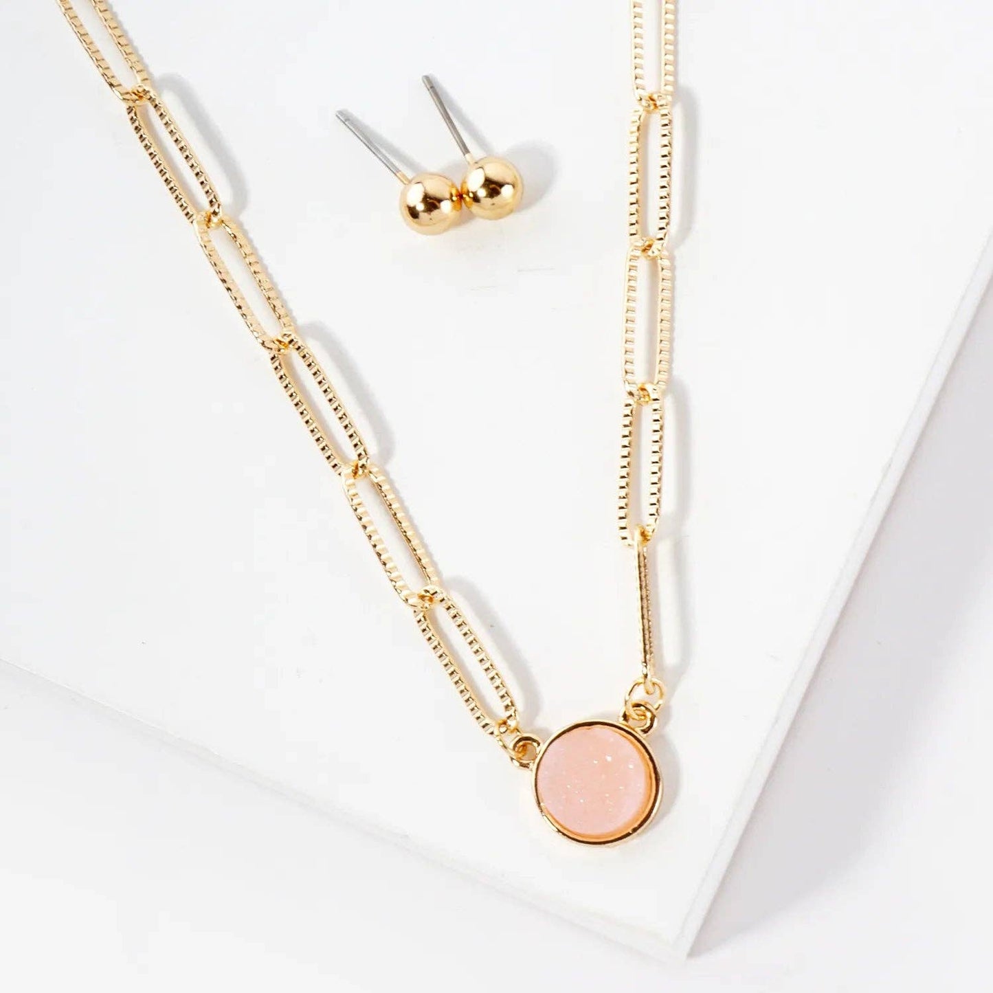 10mm Round Simulated-Druzy Pendant 16-Inch Necklace Set-with-Earrings