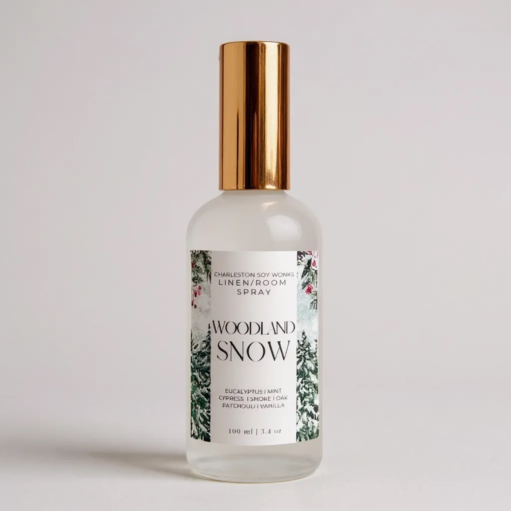 Bottle of 'Woodland Snow' linen/room spray with gold cap on a light gray background locally made in Charleston