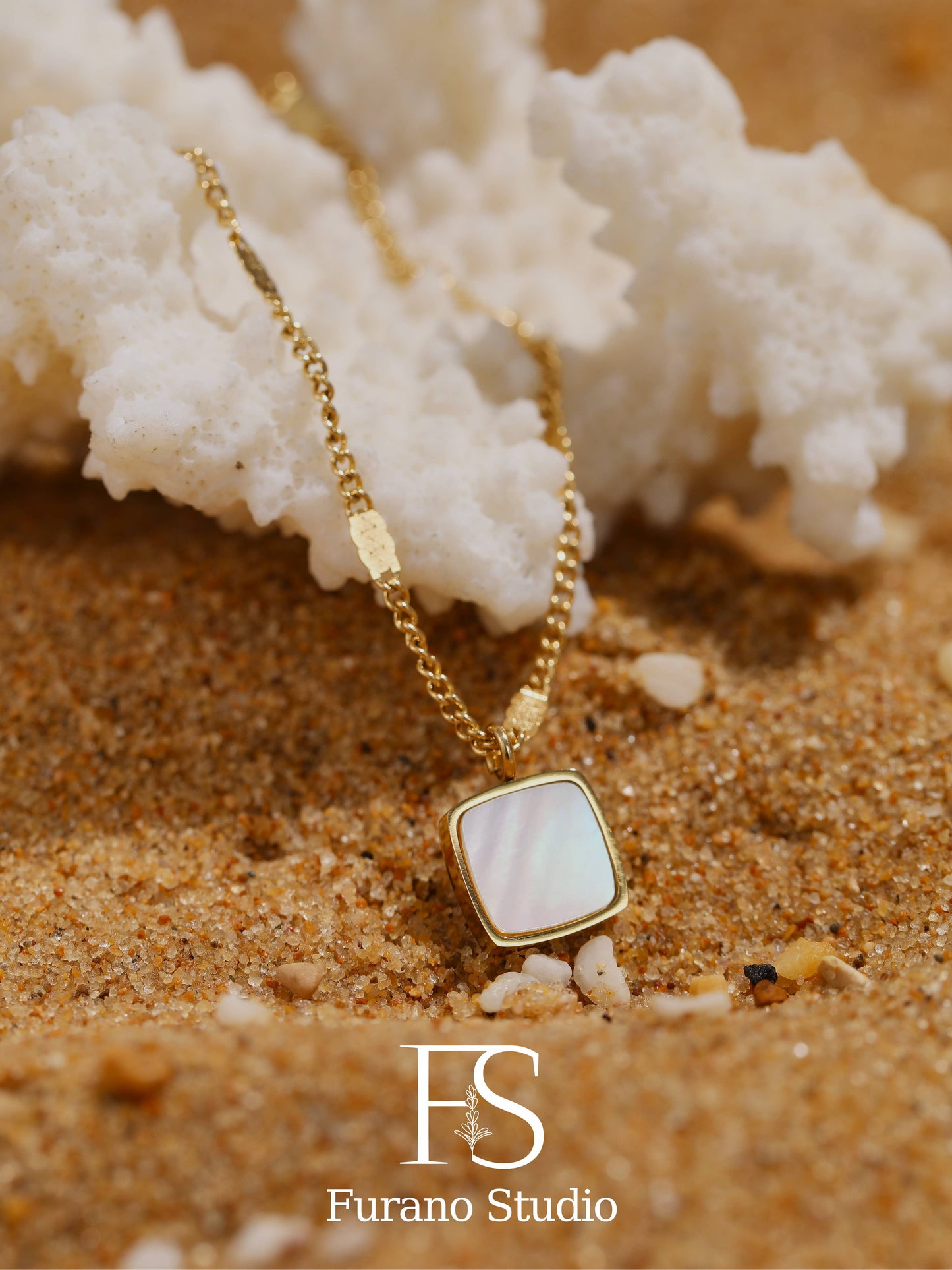 Gold Pearl Square Pendant Necklace; Pearl Charm Necklace
