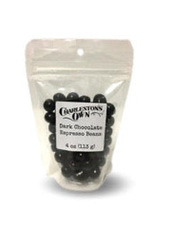 A package of dark chocolate covered espresso coffee beans labeled as Charleston's Own. Locally made in Charleston