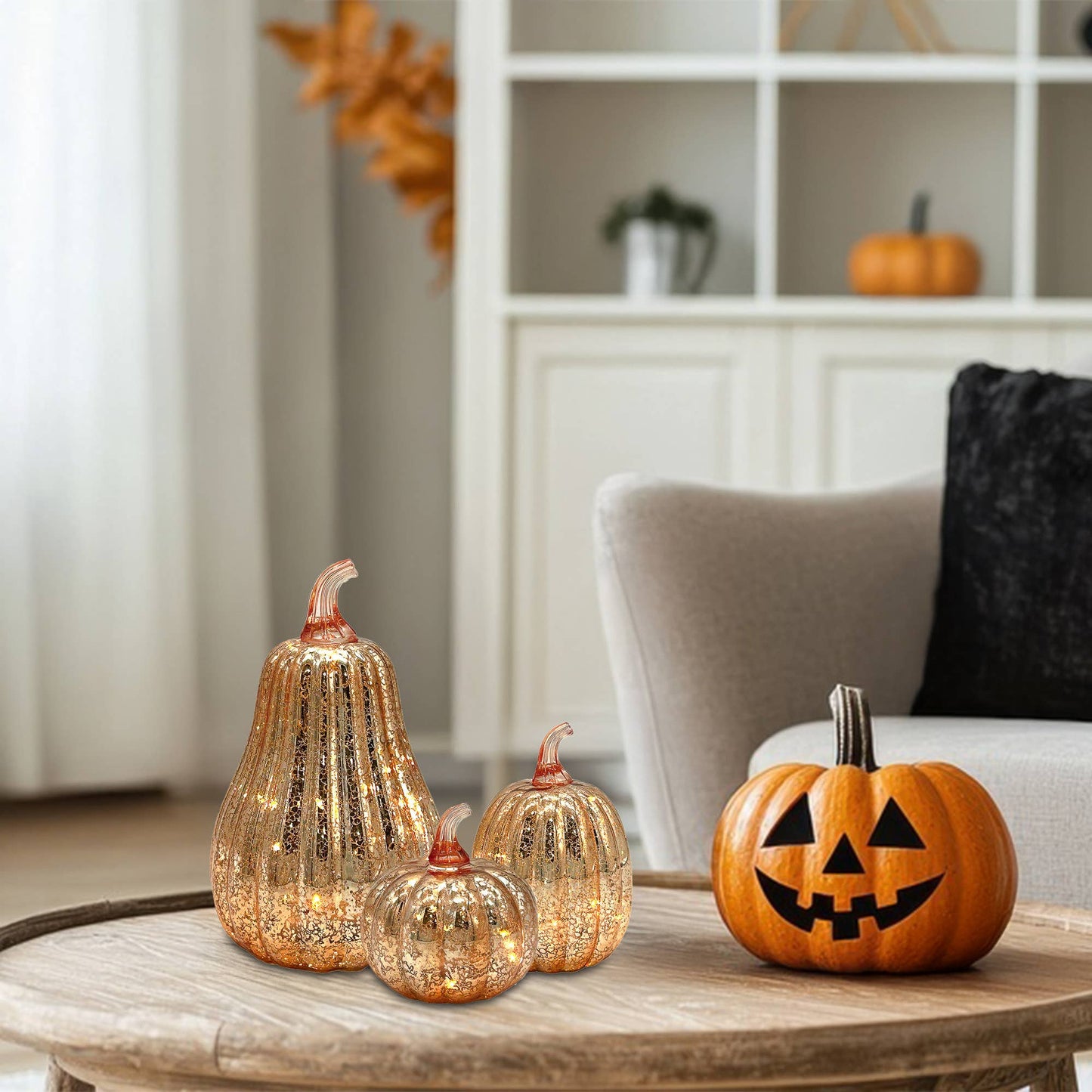 Battery-Operated Gold Mercury Glass Pumpkins