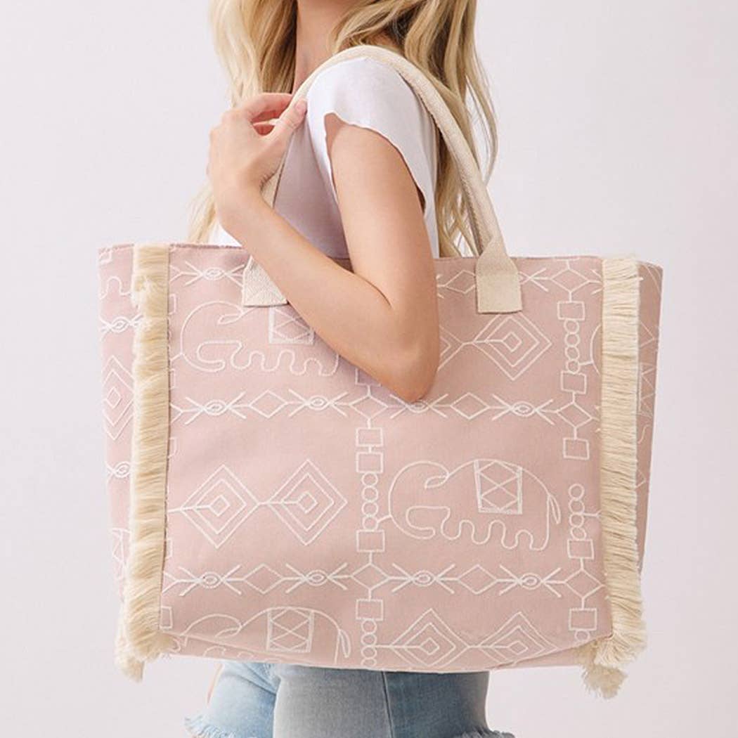 Boho Geometric Elephant Print Fringe Tote Bag