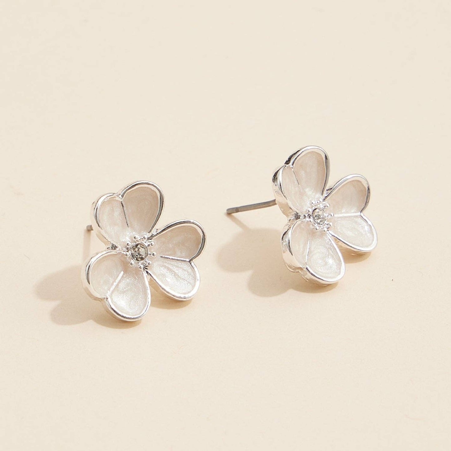 Delicate Flower Stud Earrings with Pearl Inlay and Rhinestone Center