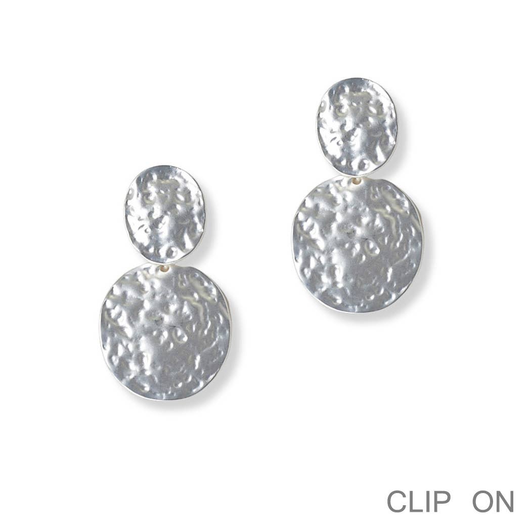 Round hammered metal clip on earring