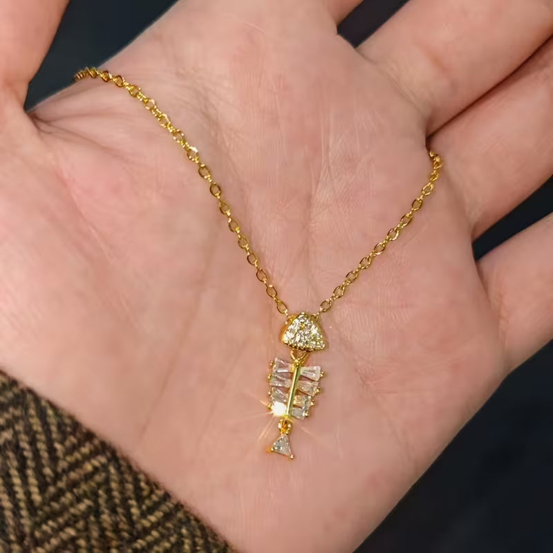 18k Gold Plated CZ Fishbone Necklace