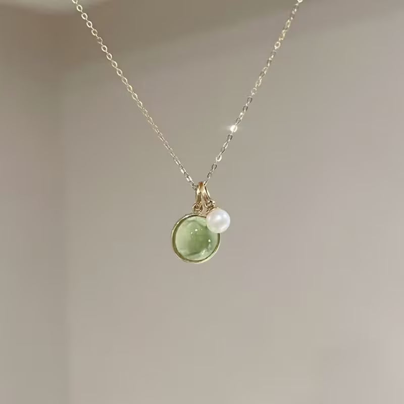 18k Gold Plated Pendant Olive Green and Pearl Necklace