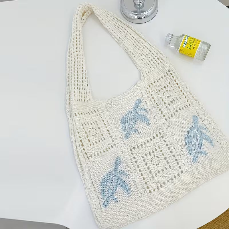 Knitted Tote Bag With Hollow Out Crochet Shoulder Bag Turtles