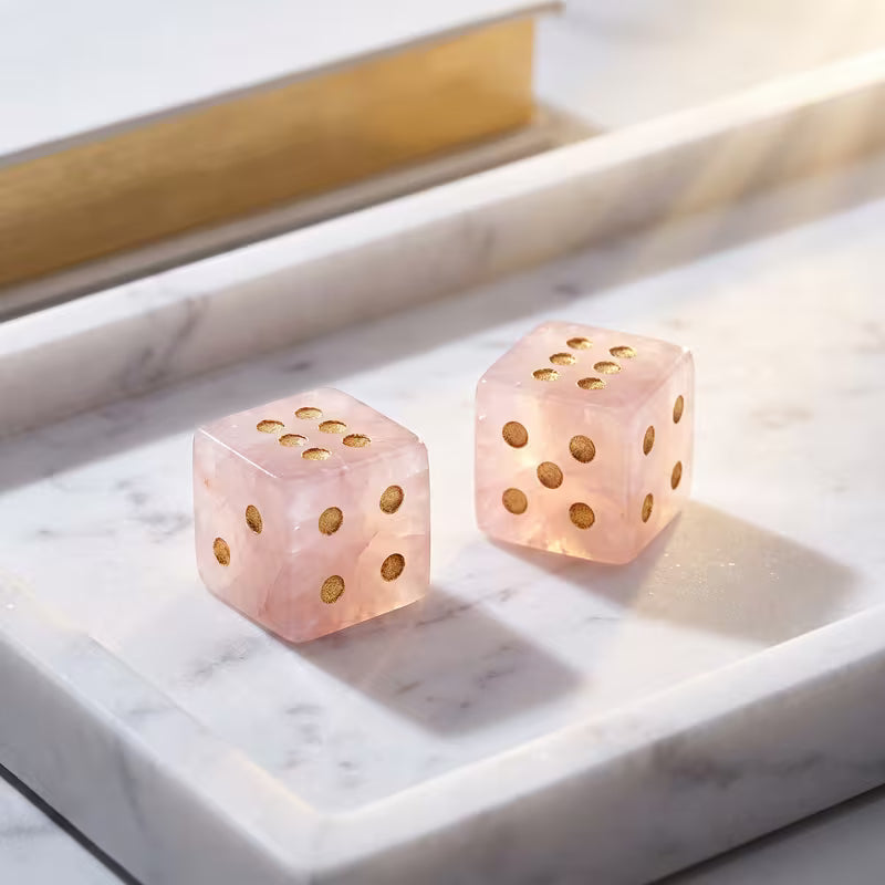 2pcs Natural Pink Crystal Mahjong Dice Set with Rose Quartz Gemstone