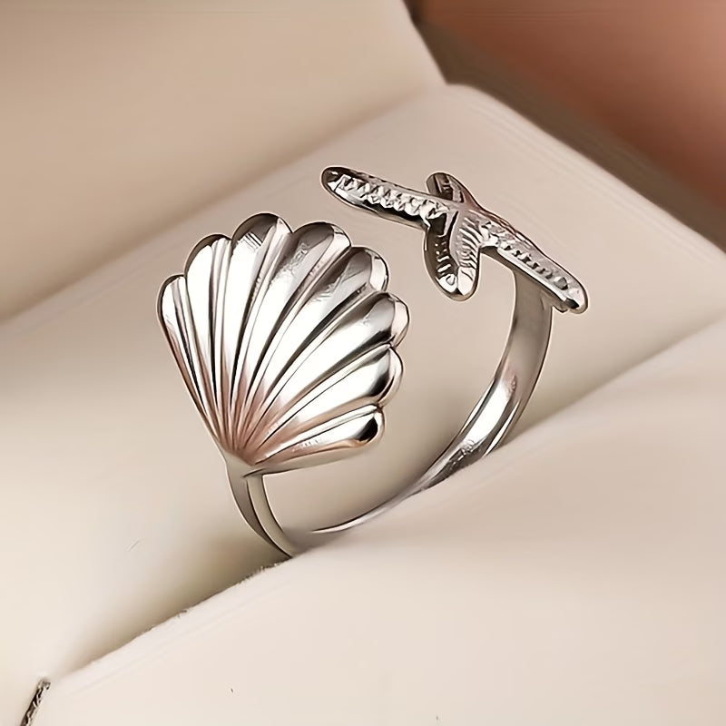 Silver Shell & Starfish Adjustable Ring