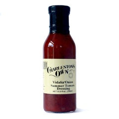 A bottle of Vidalia Onion Dressing with Summer Tomato flavor, 12oz in size. Locally made in Charleston