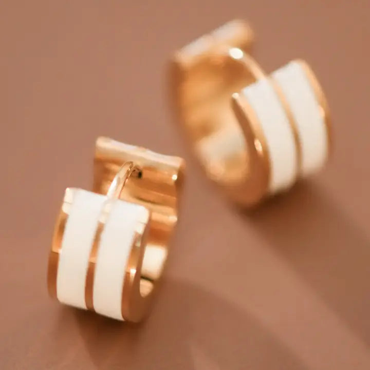 18k Gold Plated Waterproof Stainless Steel White Enamel Huggie Style Earrings
