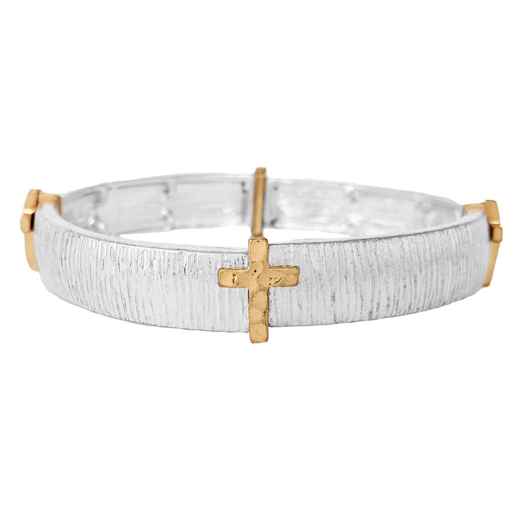 Two tone cross accent metal stretch bracelet