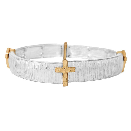 Two tone cross accent metal stretch bracelet