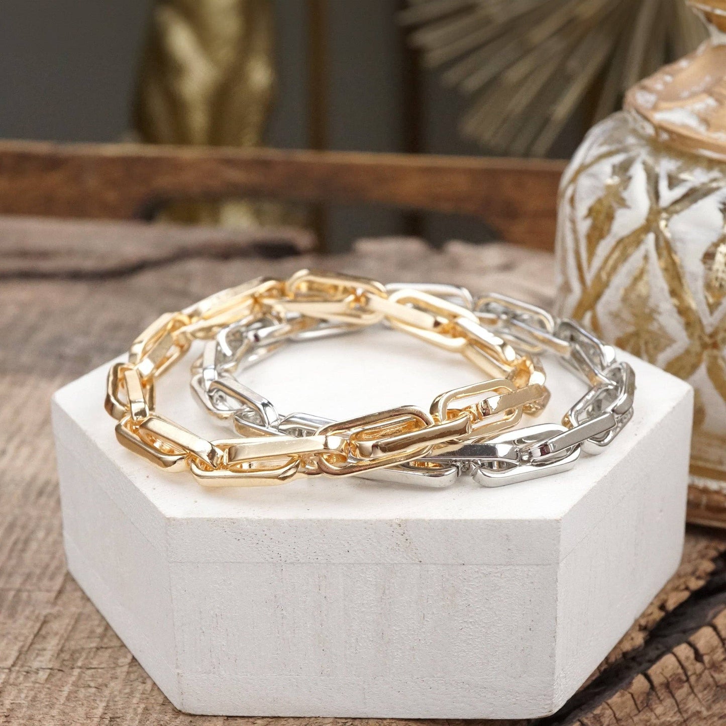 Chain Reaction – Chunky Stretchy Paperclip Bracelet in Silver or Gold Tone