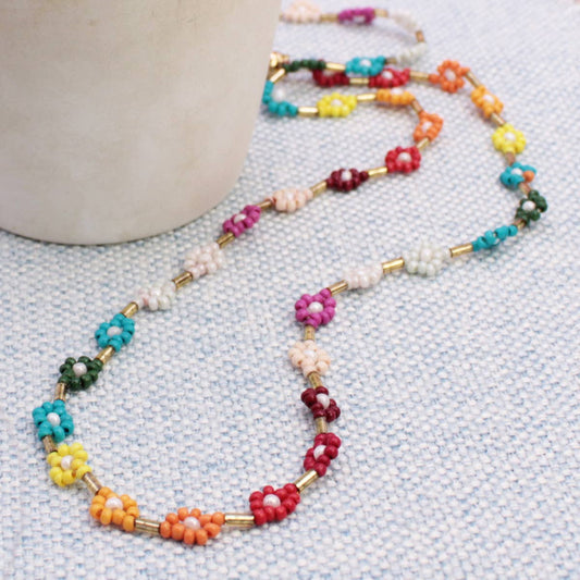Rainbow Fields Multicolor Bead Flower Necklace