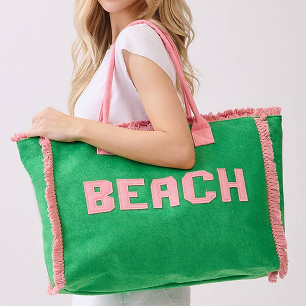 Embroidered Beach Letter Terry Cloth Frayed Tote Bag