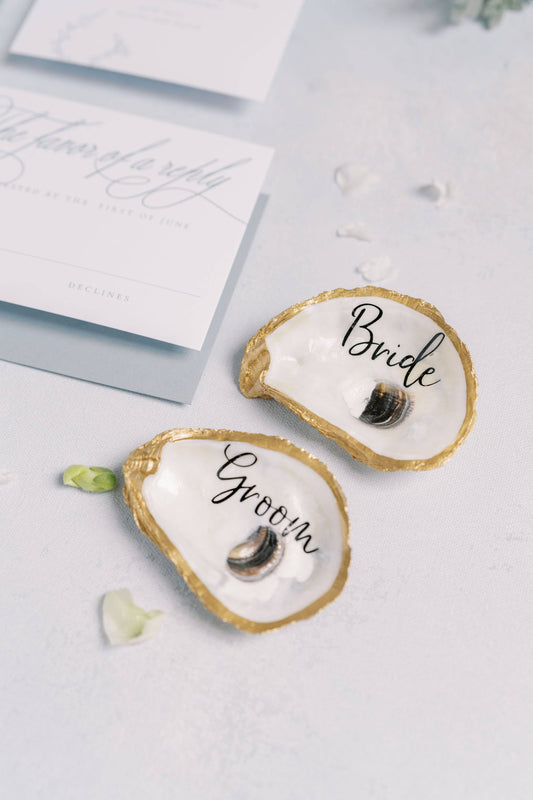 Bride and Groom Oyster Shell Ring Dish Set