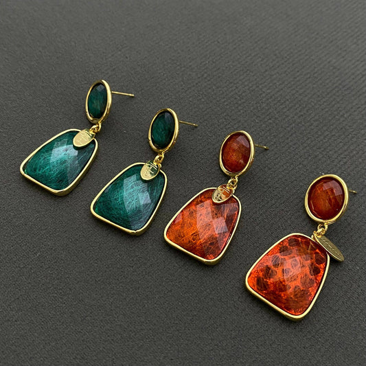 Vintage Crystal Inlaid 18K Golden Geometric Dangle Earrings