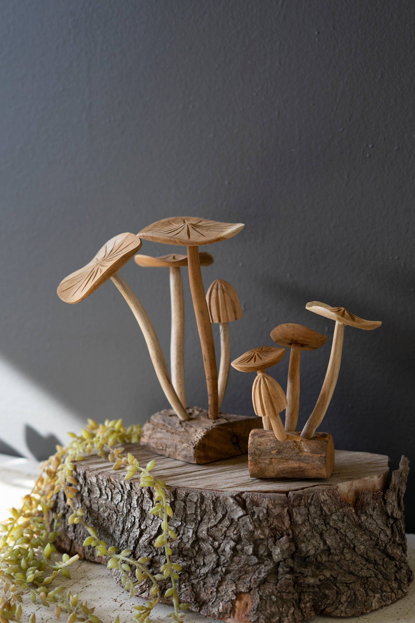 HAND-CARVED TEAK WOOD MUSHROOM CLUSTERS