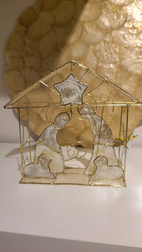 7"x6" Capiz Nativity Scene House (Natural/Gold)