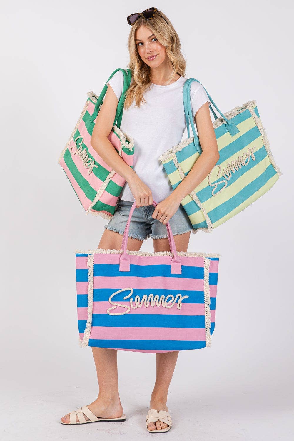 Sewn Tope Summer Letter Fringe Striped Tote Bag