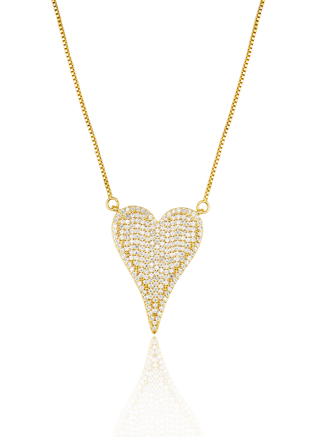 18K Gold Filled Heart Pendant Box Chain Necklace With Clear Micro CZ Stones ~ Water Resistant