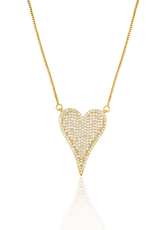 18K Gold Filled Heart Pendant Box Chain Necklace With Clear Micro CZ Stones ~ Water Resistant