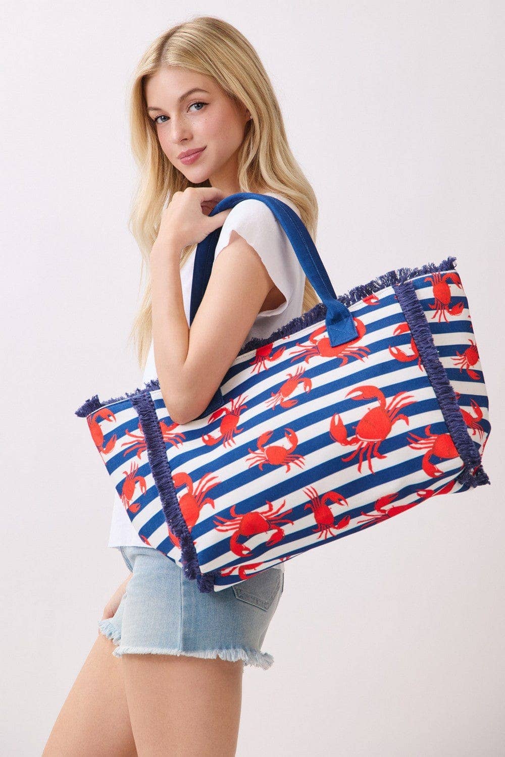 Crab Stripe Fringe Beach Tote Bag