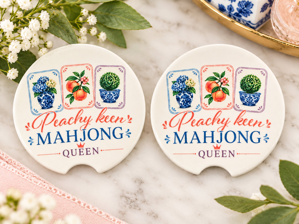 Peachy Keen Mahjong Queen Ceramic Car Coasters - Set of 2