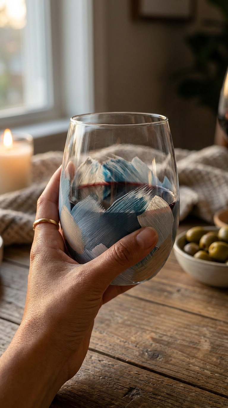 Hand-Painted Ocean Stones Wine Glass Coastal Barware