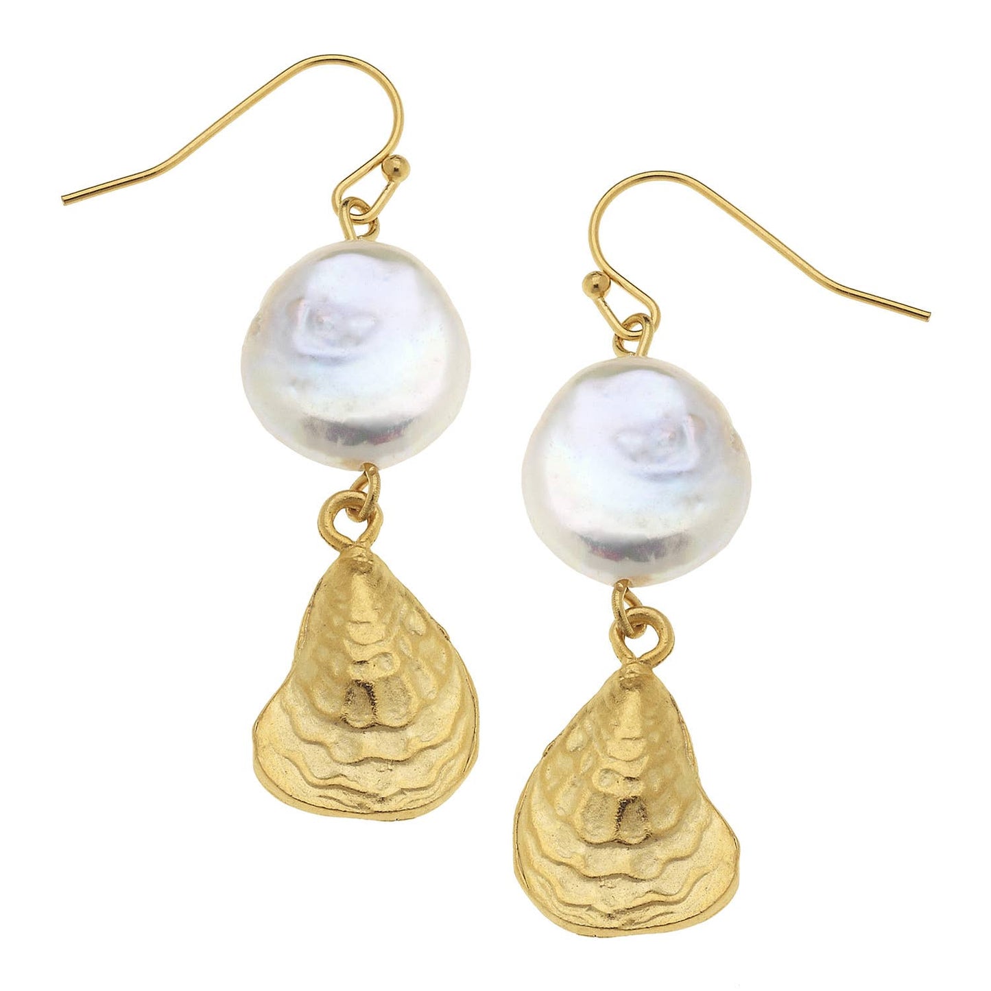 Gold Oyster Shell with Genuine Freshwater Pearl Earrings