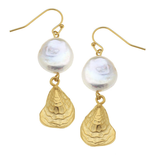 Gold Oyster Shell with Genuine Freshwater Pearl Earrings