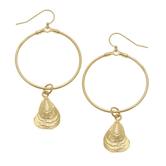 Gold Oyster Shell on Hoop Earrings
