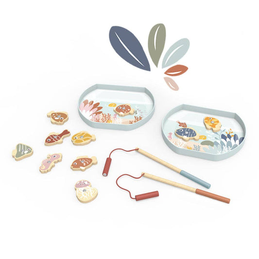 Children's toy set with fishing rods and fish-shaped cookies on a white background