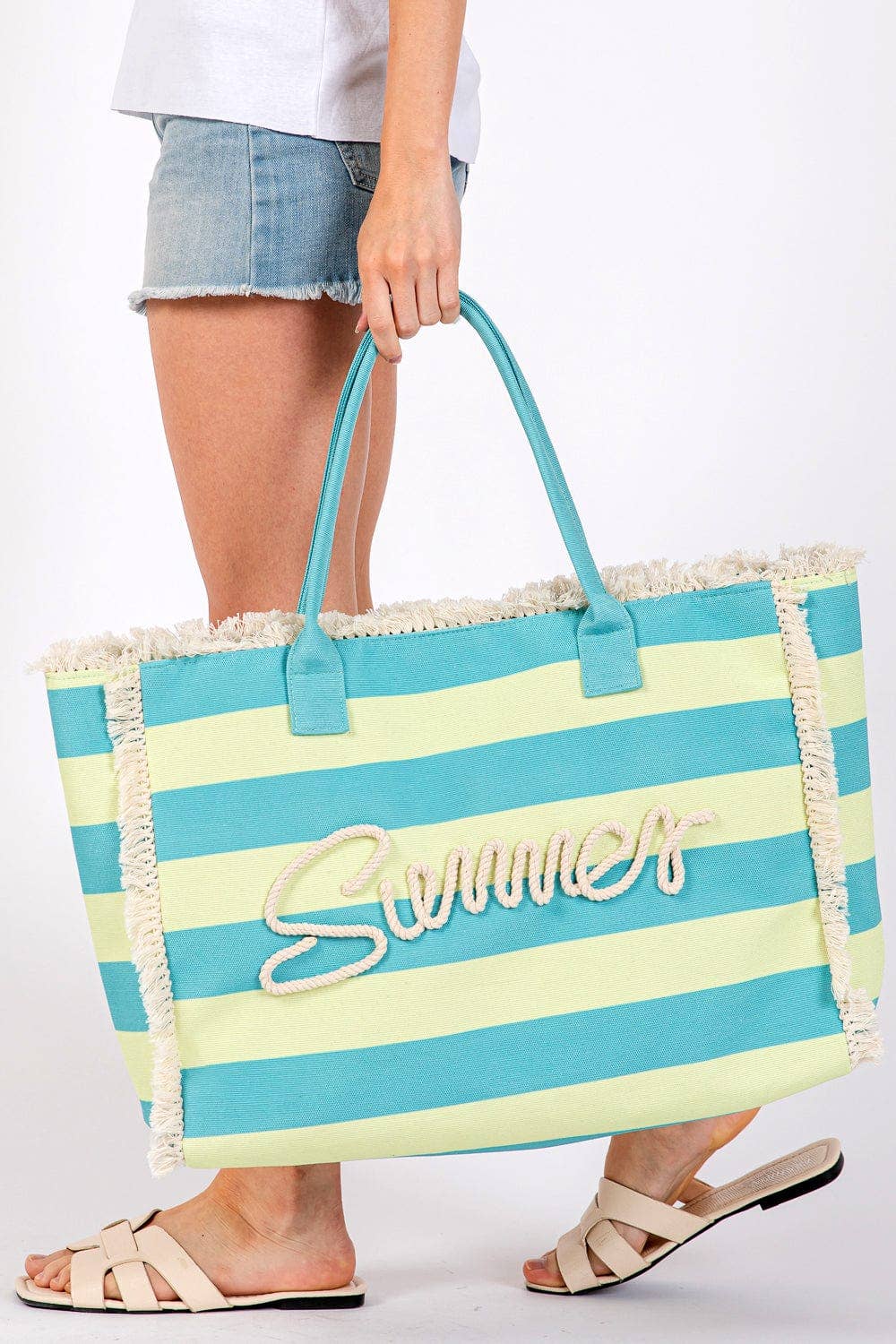 Sewn Tope Summer Letter Fringe Striped Tote Bag