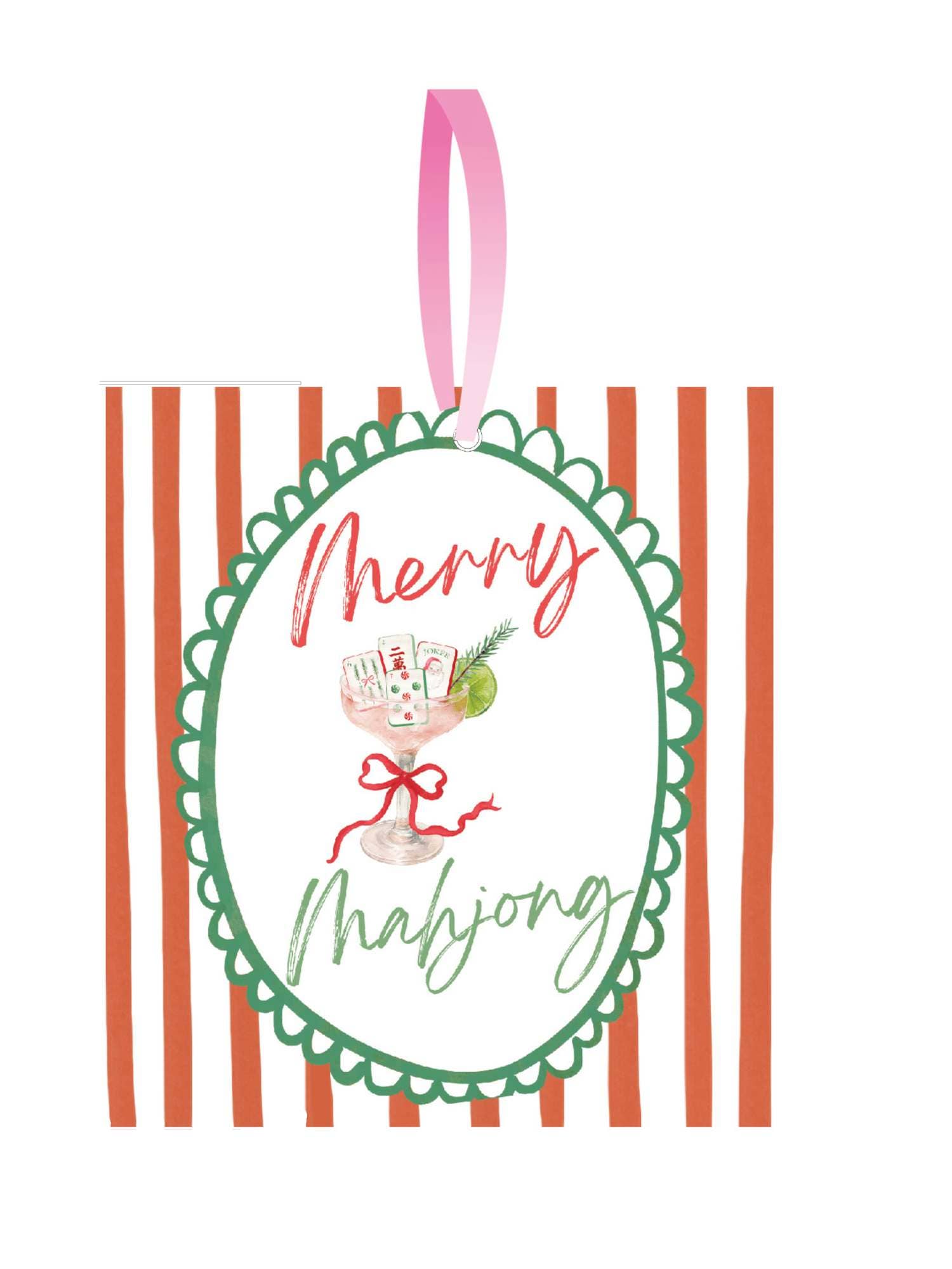 Decorative gift tag with 'Merry Mahjong' text on a striped background