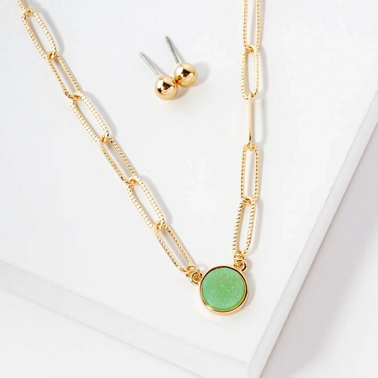10mm Round Simulated-Druzy Pendant 16-Inch Necklace Set-with-Earrings