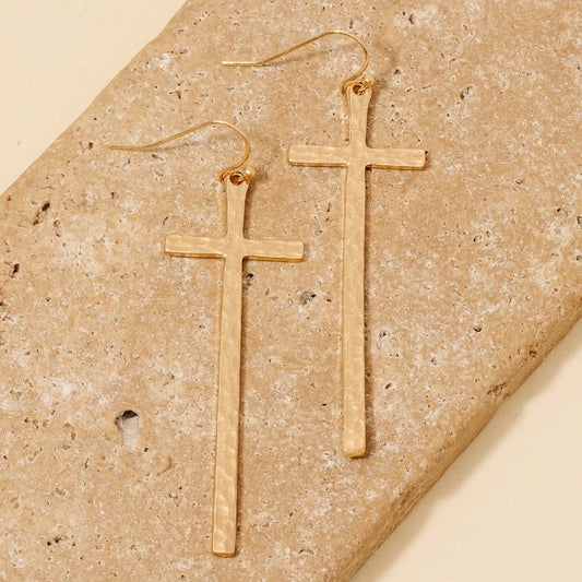 Hammered Long Cross Dangle Earrings
