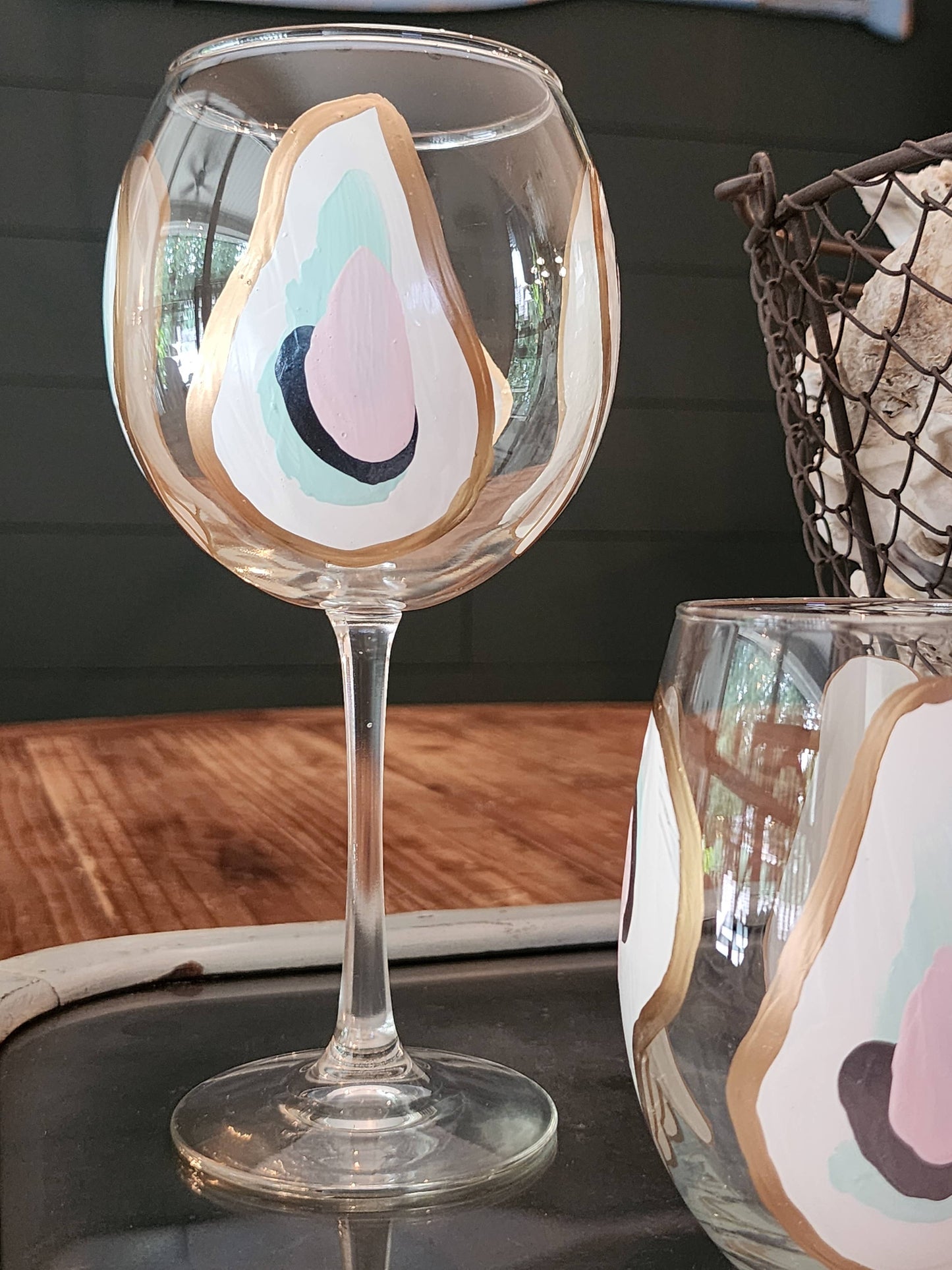 Hand Painted Oyster Wine Glass - Stemmed - Beach Sunset