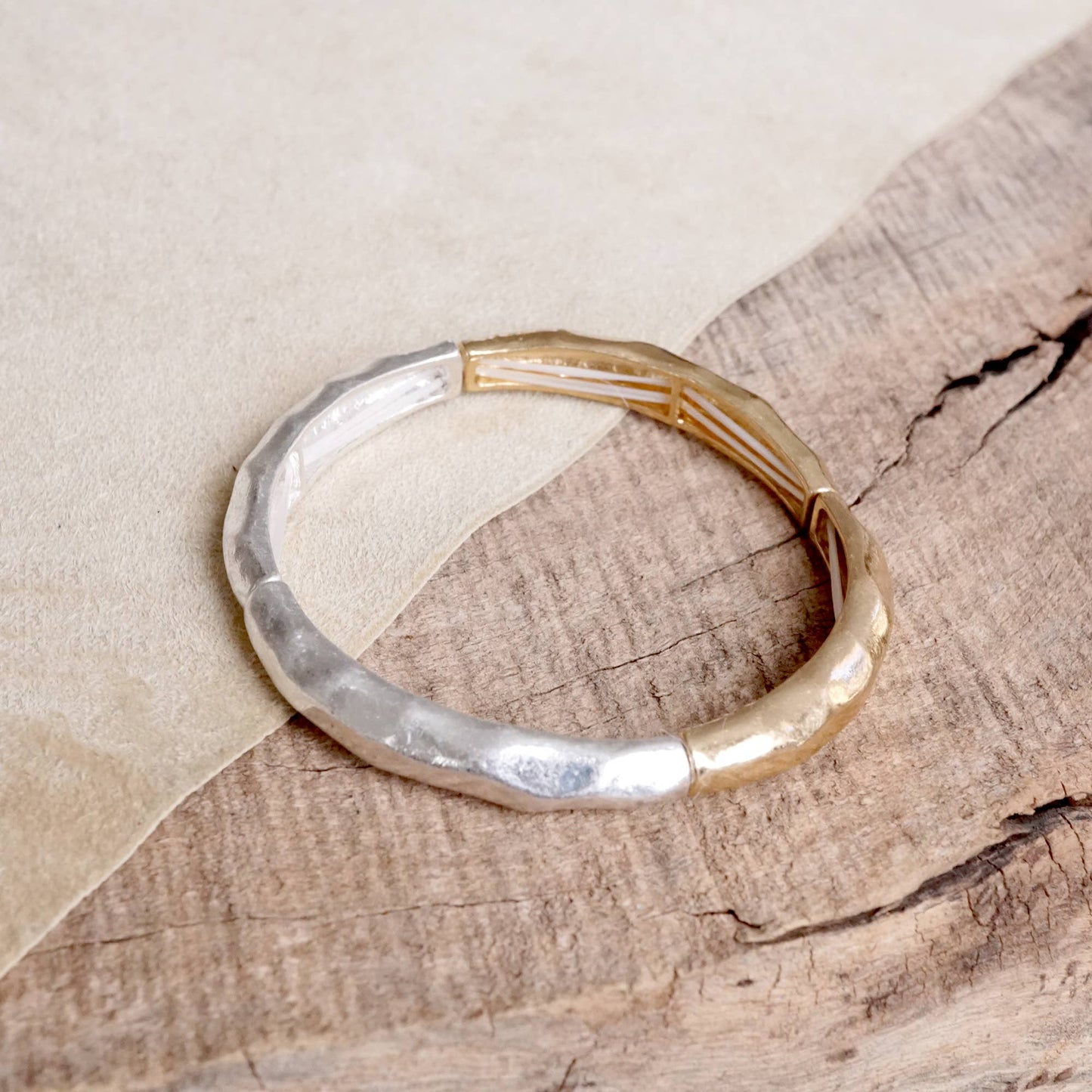 Boho Stretchy Minimalist Bangle Raw Textured Worn Gold and Silver tones