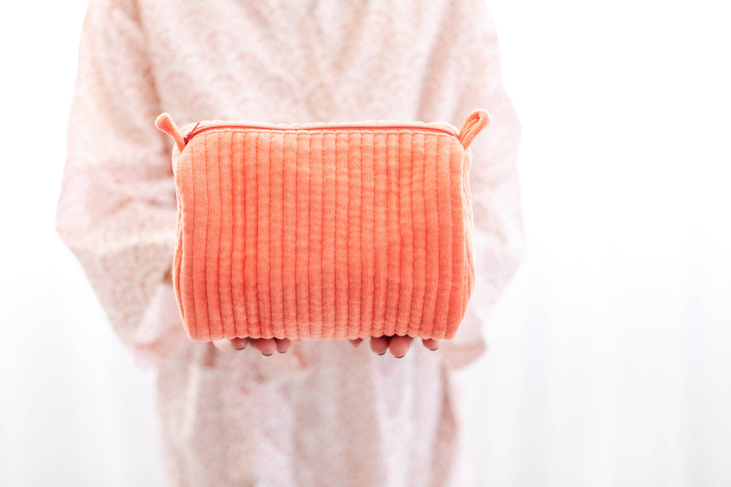 Velvet & Block Print Cosmetic Pouch-Coral