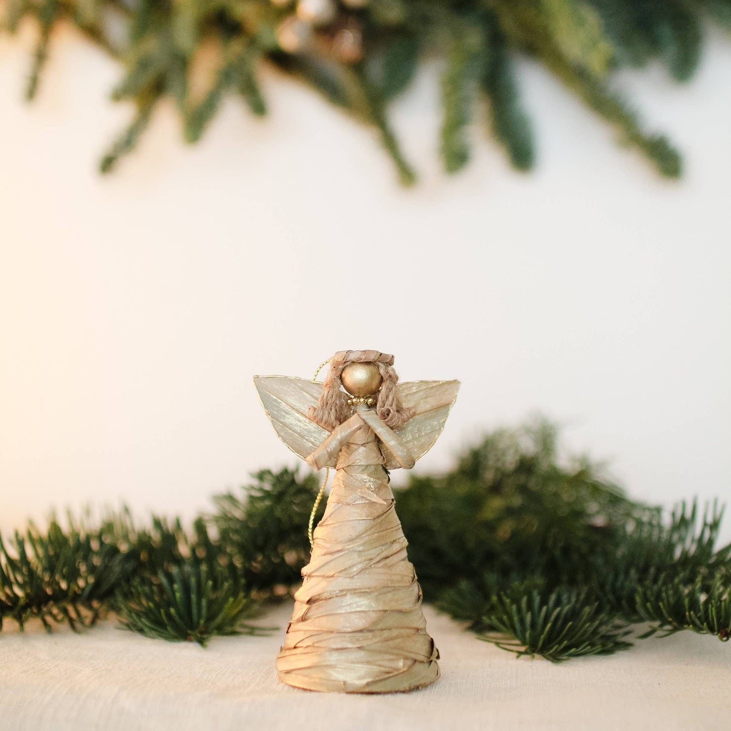 4.5" Abaca Rope Swirl Angel Ornament (Natural)