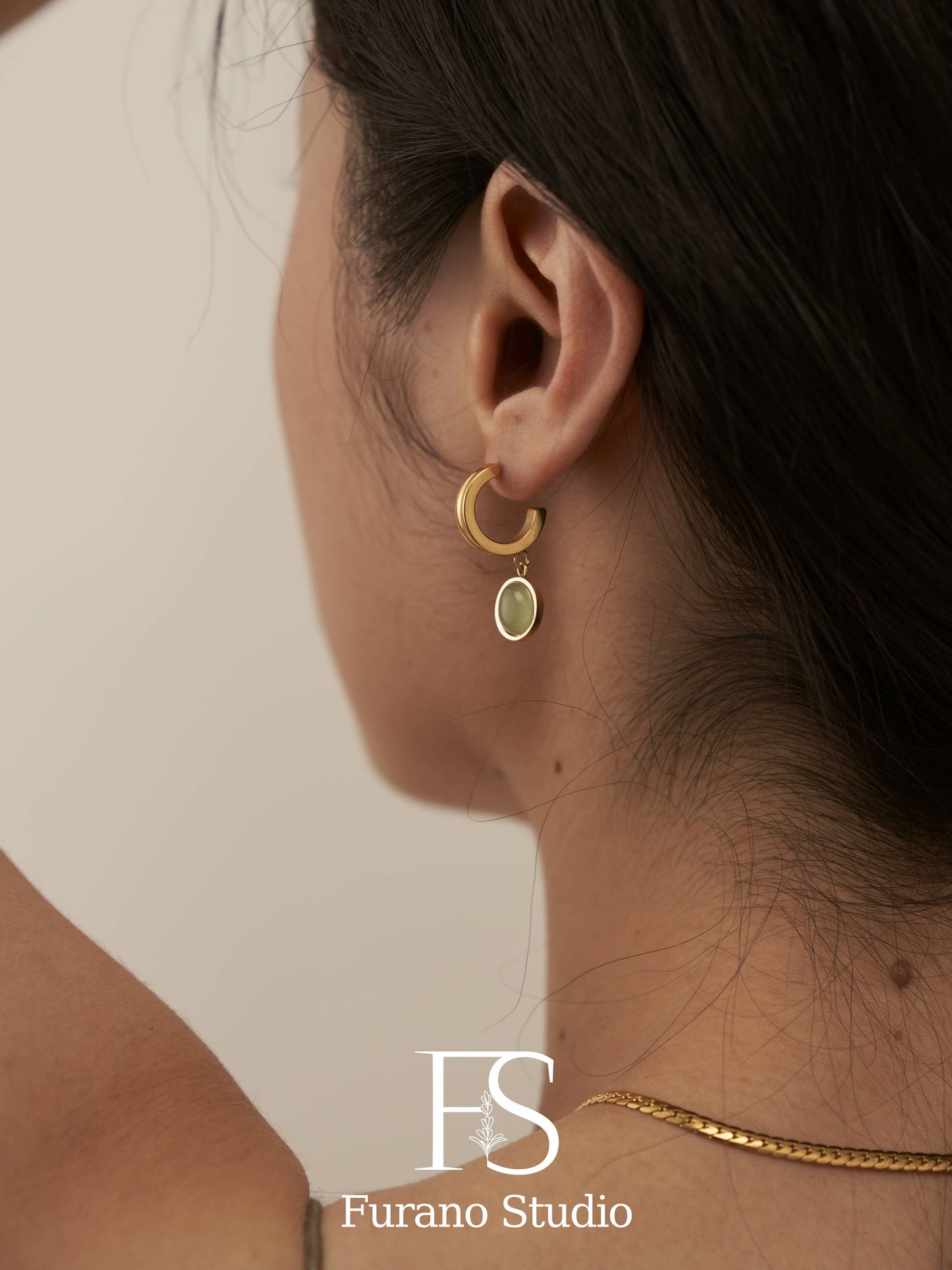 18k gold green oval Aventurine Hoop Earring