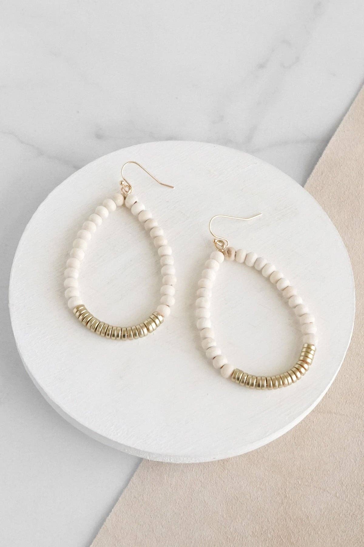 Natural Wood & Gold Beaded Teardrop Hoop Earrings in Cream