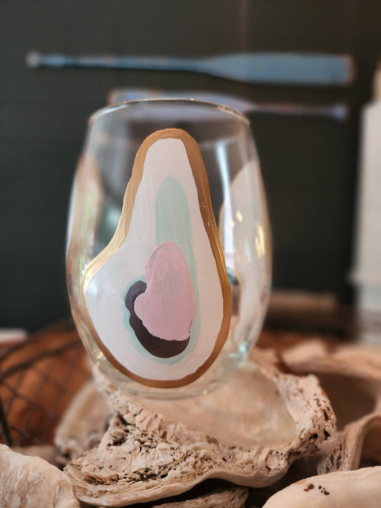 Hand Painted Oyster Stemless Wine Glass - Beach Sunset