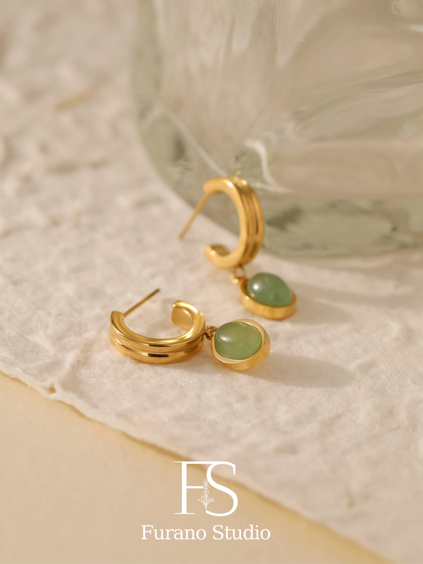 18k gold green oval Aventurine Hoop Earring