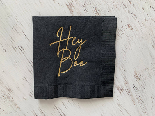 Hey Boo Halloween Black & Gold Cocktail Napkins
