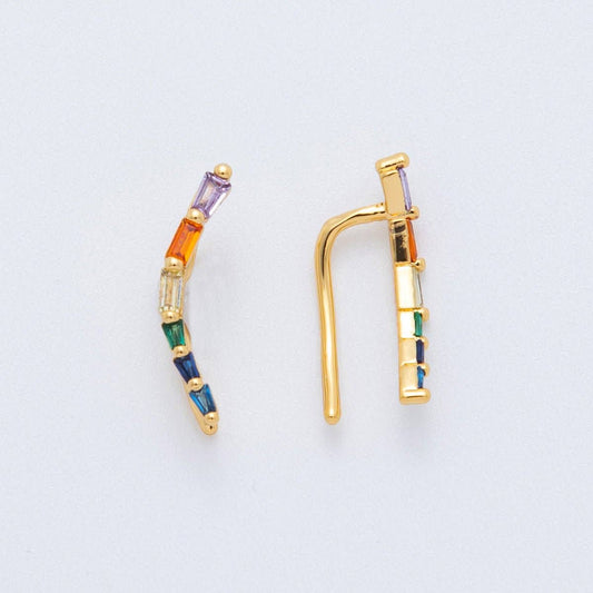 18K Gold Filled Multicolor Baguette CZ Rainbow Arc Ear Climber Earring