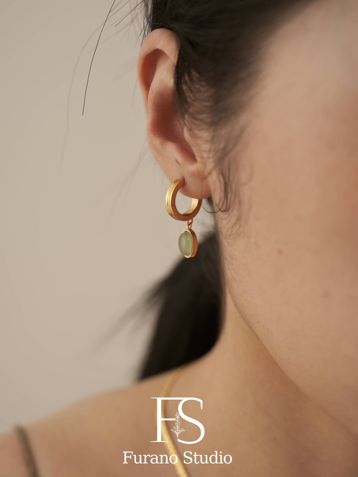 18k gold green oval Aventurine Hoop Earring